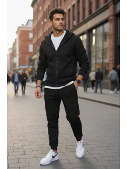 Trening barbati slim fit negru, Pantaloni + Hanorac 5031 i10-2