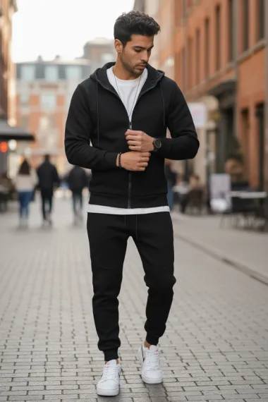 Trening barbati slim fit negru, Pantaloni + Hanorac 5032 i15-5.1