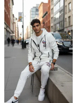 Trening barbati slim fit alb, Pantaloni + Hanorac 5035 100-3.2