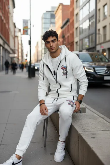 Trening barbati slim fit alb, Pantaloni + Hanorac 5035 100-3.2