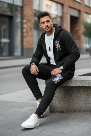 Trening barbati slim fit negru, Pantaloni + Hanorac 5035 i15-1.1