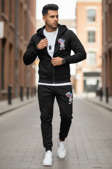 Trening barbati slim fit negru, Pantaloni + Hanorac 5035 i15-1.1