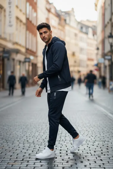 Trening barbati slim fit bleumarin , Pantaloni + Hanorac RM05 i8 1-6