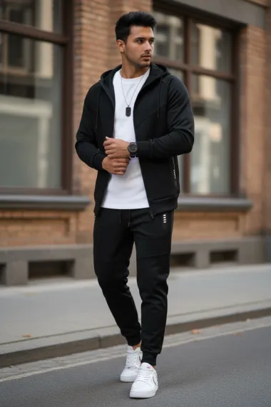 Trening barbati slim fit negru, Pantaloni + Hanorac RM05 75-4