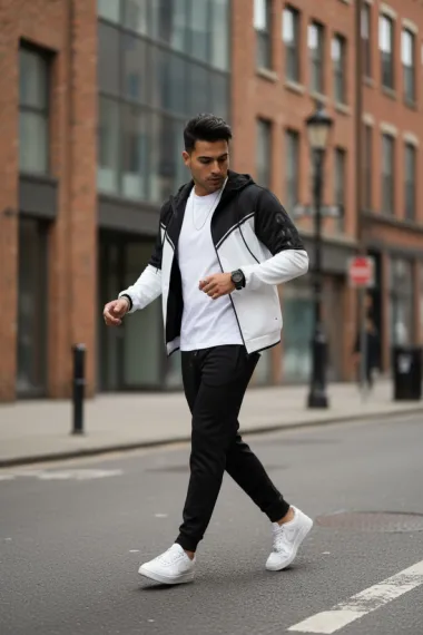 Trening barbati slim fit negru cu alb , Pantaloni + Hanorac RM08 i4 1-4