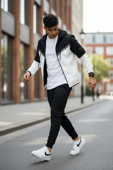 Trening barbati slim fit negru cu alb , Pantaloni + Hanorac RM08 i4 1-4