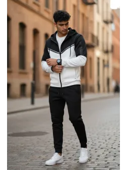 Trening barbati slim fit negru cu alb , Pantaloni + Hanorac RM08 i4 1-4