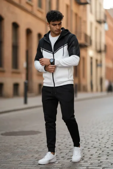 Trening barbati slim fit negru cu alb , Pantaloni + Hanorac RM08 i4 1-4