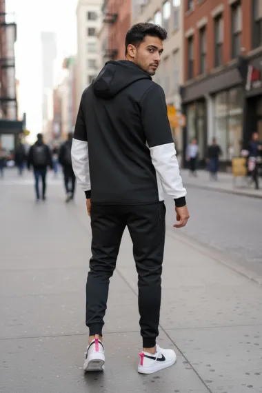 Trening barbati slim fit negru cu alb , Pantaloni + Hanorac RM08 i4 1-4