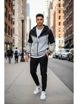 Trening barbati slim fit negru cu gri , Pantaloni + Hanorac RM08 75-4