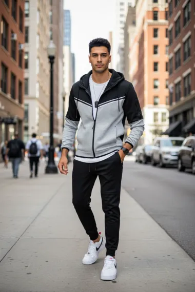 Trening barbati slim fit negru cu gri , Pantaloni + Hanorac RM08 75-4