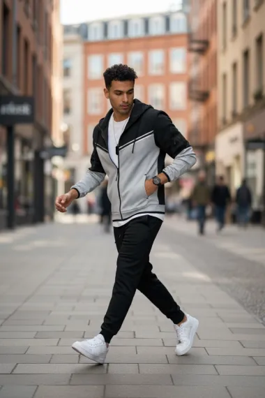 Trening barbati slim fit negru cu gri , Pantaloni + Hanorac RM08 75-4