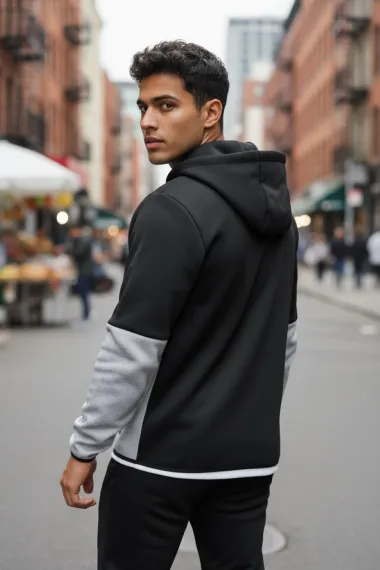 Trening barbati slim fit negru cu gri , Pantaloni + Hanorac RM08 75-4