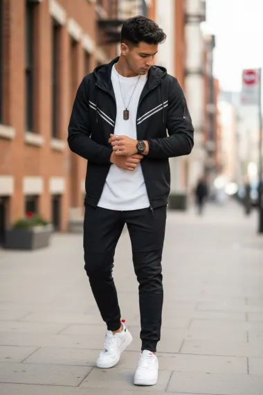 Trening barbati slim fit negru, Pantaloni + Hanorac RM09 i8 3-3