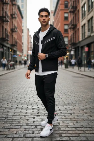 Trening barbati slim fit negru, Pantaloni + Hanorac RM09 i8 3-3