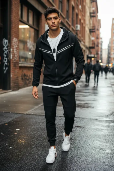 Trening barbati slim fit negru, Pantaloni + Hanorac RM09 i8 3-3