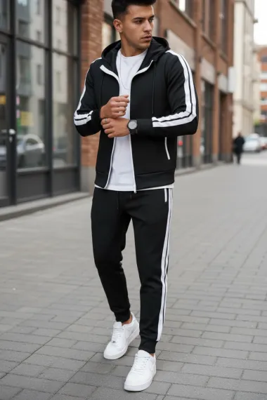 Trening barbati slim fit negru, Pantaloni + Hanorac RM111 i8 3-4