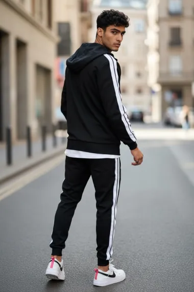 Trening barbati slim fit negru, Pantaloni + Hanorac RM111 i8 3-4