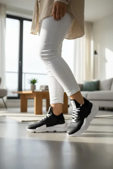 Adidasi dama negri cu alb casual , inalti, H9