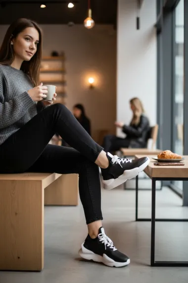 Adidasi dama negri cu alb casual , inalti, H9