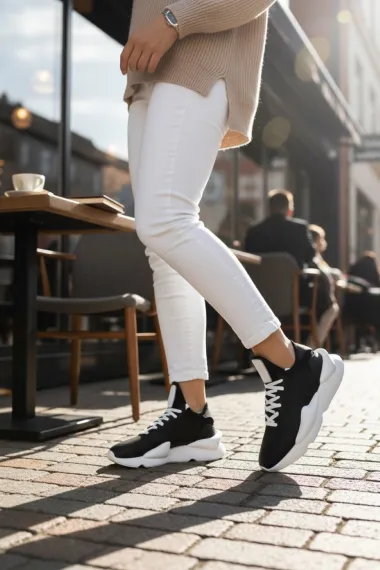 Adidasi dama negri cu alb casual , inalti, H9