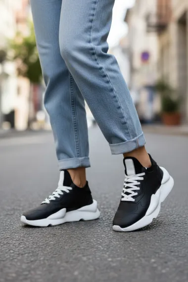 Adidasi dama negri cu alb casual , inalti, H9