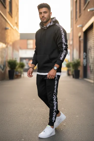 Trening barbati slim fit negru, Pantaloni + Hanorac, vatuit RM59 i16-3.1.2