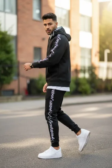 Trening barbati slim fit negru, Pantaloni + Hanorac, vatuit RM59 i16-3.1.2