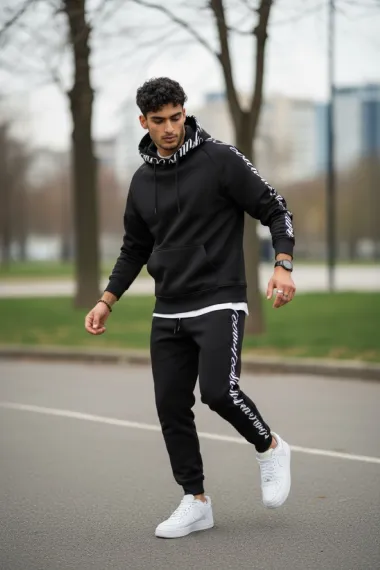 Trening barbati slim fit negru, Pantaloni + Hanorac, vatuit RM59 i16-3.1.2