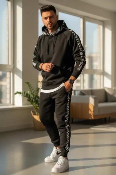 Trening barbati slim fit negru, Pantaloni + Hanorac, vatuit RM59 i16-3.1.2