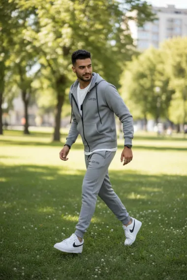 Trening barbati slim fit gri, Pantaloni + Hanorac, vatuit RM60 65B-2