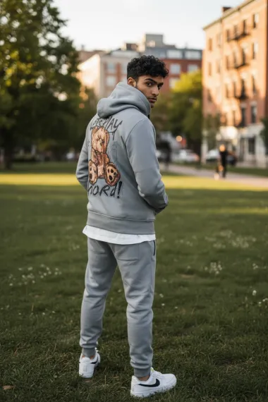 Trening barbati slim fit gri, Pantaloni + Hanorac, vatuit RM60 65B-2