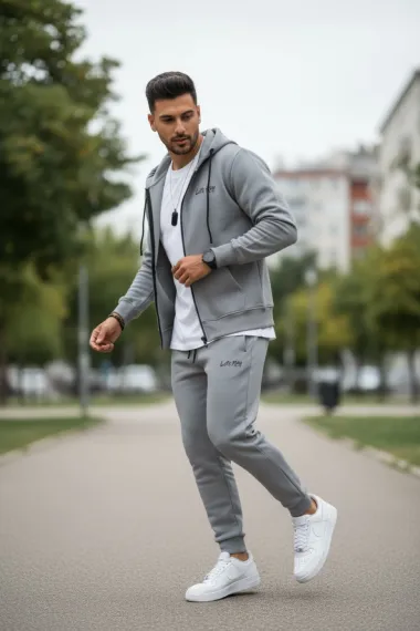 Trening barbati slim fit gri, Pantaloni + Hanorac, vatuit RM60 65B-2