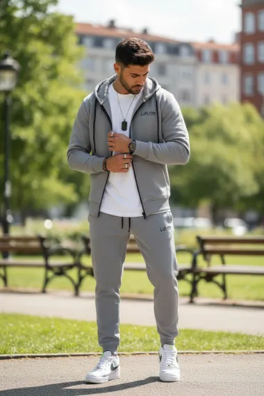 Trening barbati slim fit gri, Pantaloni + Hanorac, vatuit RM60 65B-2