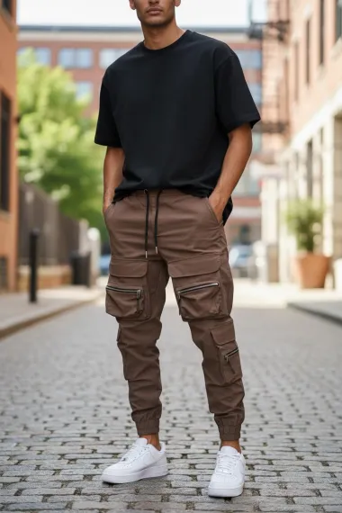 Pantaloni de trening cargo, galbeni, conici K006