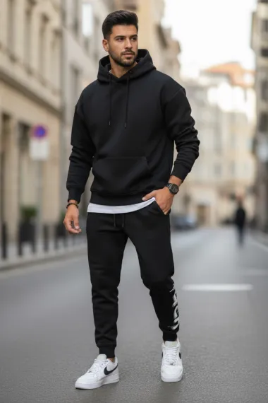 Trening barbati slim fit negru, Pantaloni + Hanorac, vatuit RM57 i17-1.1