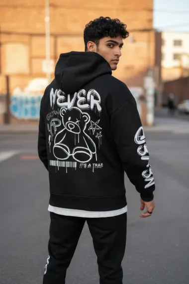 Trening barbati slim fit negru, Pantaloni + Hanorac, vatuit RM57 i17-1.1