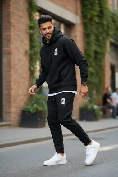 Trening barbati slim fit negru, Pantaloni + Hanorac, vatuit RM58 i15-4
