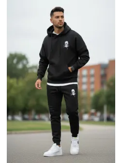 Trening barbati slim fit negru, Pantaloni + Hanorac, vatuit RM58 i15-4