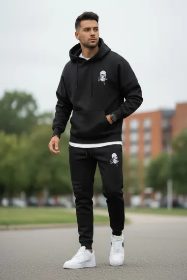 Trening barbati slim fit negru, Pantaloni + Hanorac, vatuit RM58 i15-4