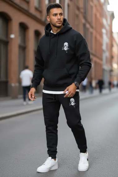 Trening barbati slim fit negru, Pantaloni + Hanorac, vatuit RM58 i15-4