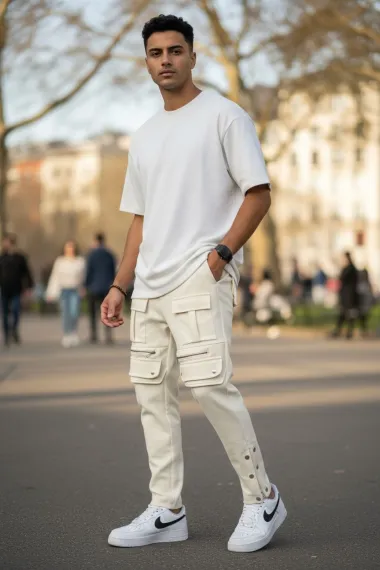 Pantaloni de trening cargo, bej, conici Y297