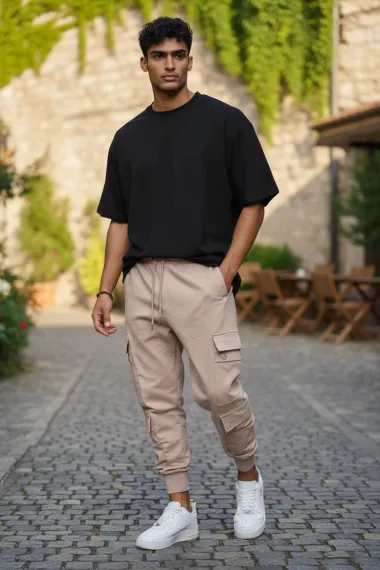 Pantaloni de trening cargo, crem, conici Y302 O3-4.3