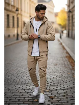 Trening barbati slim fit bej, Pantaloni + Hanorac, vatuit, 5057 26-3