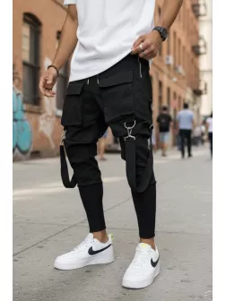 Pantaloni de trening cargo, negri, conici Y243 P18-2.1 Pantaloni de trening cargo, negri, conici Y243 P18-2.1