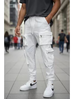 Pantaloni de trening cargo, albi, conici Y308 P20-4.1 Pantaloni de trening cargo, albi, conici Y308 P20-4.1