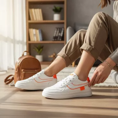 Adidasi dama casual albi cu portocaliu 7906 T7-4