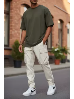 Pantaloni de trening cargo, bej, conici Y196 O5-4.2 Pantaloni de trening cargo, bej, conici Y196 O5-4.2