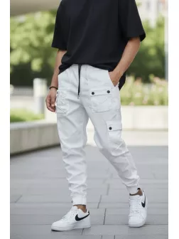 Pantaloni de trening cargo, albi, conici Y310 119-4