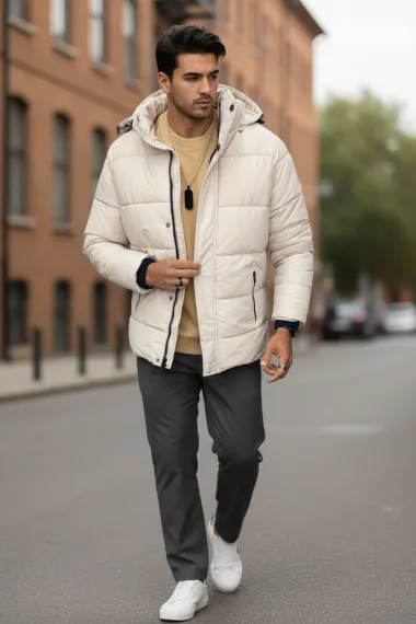 Geaca barbati groasa de iarna, imblanita bej 5157A